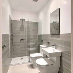 A modern square-shaped bathroom featuring a shower area, sink, and toilet