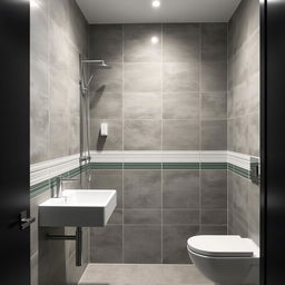 A modern square-shaped bathroom featuring a shower area, sink, and toilet