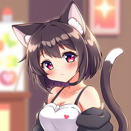 A cute and attractive cat girl waifu with a playful expression, featuring feline ears, a tail, and anime-style clothing