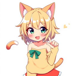 A cute and attractive cat girl waifu with a playful expression, featuring feline ears, a tail, and anime-style clothing