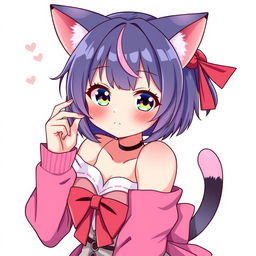 A cute and attractive cat girl waifu with a playful expression, featuring feline ears, a tail, and anime-style clothing