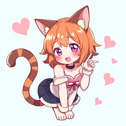 A cute and attractive cat girl waifu with a playful expression, featuring feline ears, a tail, and anime-style clothing