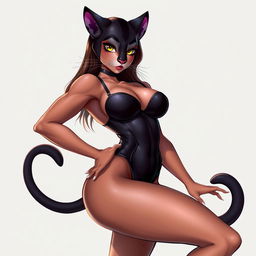 A sexy panther girl with a confident and alluring pose, featuring feline characteristics like panther ears, a tail, and sleek fur