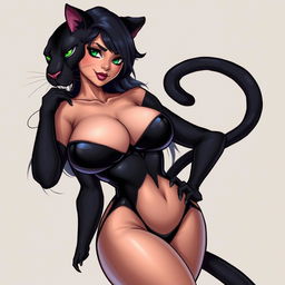 A sexy panther girl with a confident and alluring pose, featuring feline characteristics like panther ears, a tail, and sleek fur