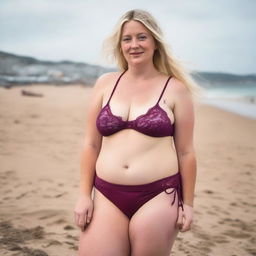 A curvy and fat blonde woman with her hair tied back is posing sexily on St Ives beach with the town behind her