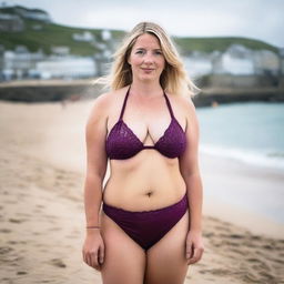 A curvy and fat blonde woman with her hair tied back is posing sexily on St Ives beach with the town behind her