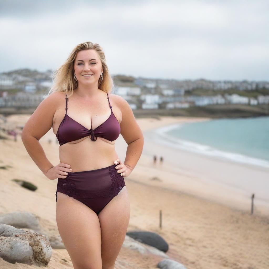 A curvy and voluptuous blonde woman with her hair tied back is posing on St Ives beach with the town behind her