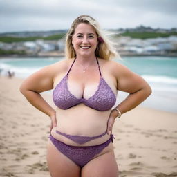 A curvy and voluptuous blonde woman with her hair tied back is posing on St Ives beach with the town behind her