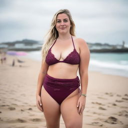 A curvy and voluptuous blonde woman with her hair tied back is posing on St Ives beach with the town behind her