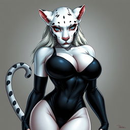 A sexy panther girl with white skin and feline characteristics such as panther ears and a tail