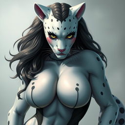 A sexy panther girl with white skin and feline characteristics such as panther ears and a tail