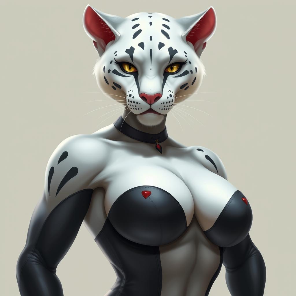 A sexy panther girl with white skin and feline characteristics such as panther ears and a tail