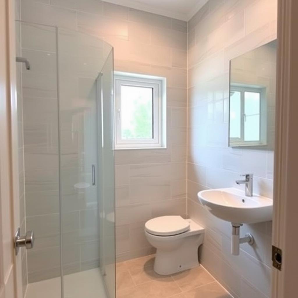 A shower room with a toilet, sink, and window