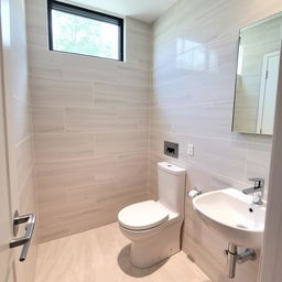 A shower room with a toilet, sink, and window