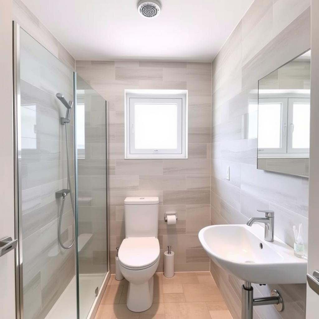 A shower room with a toilet, sink, and window