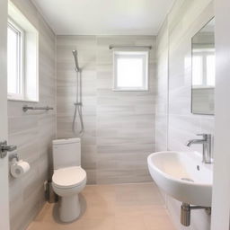 A shower room with a toilet, sink, and window