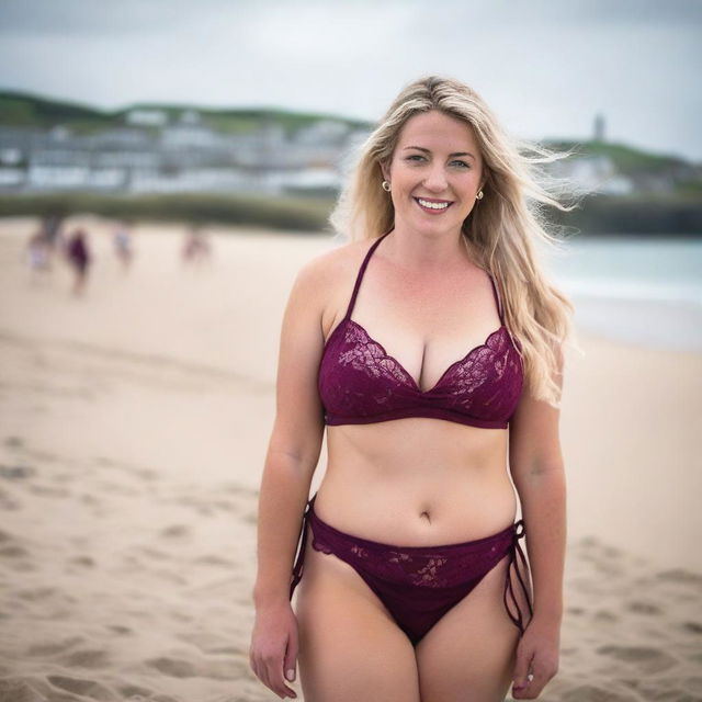 A curvy and voluptuous blonde woman with her hair tied back is posing sexily on St Ives beach with the town behind her