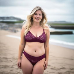 A curvy and voluptuous blonde woman with her hair tied back is posing sexily on St Ives beach with the town behind her