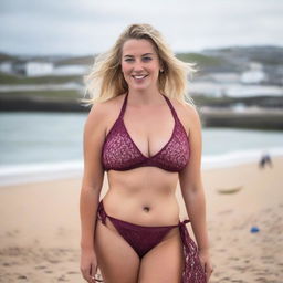 A curvy and voluptuous blonde woman with her hair tied back is posing sexily on St Ives beach with the town behind her