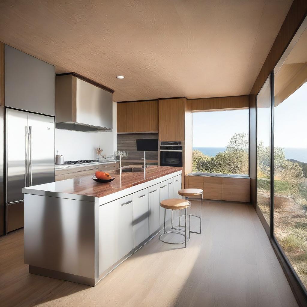 The kitchen and refrigerator are modern, featuring stainless steel and wood finishes