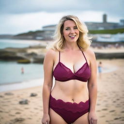 A curvy and voluptuous blonde woman with her hair tied back is posing sexily on St Ives beach with the town behind her