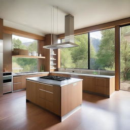 The kitchen and refrigerator are modern, featuring stainless steel and wood finishes