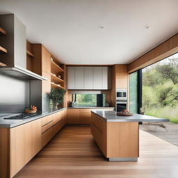 The kitchen and refrigerator are modern, featuring stainless steel and wood finishes