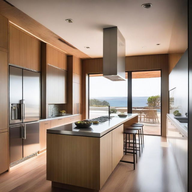 The kitchen and refrigerator are modern, featuring stainless steel and wood finishes