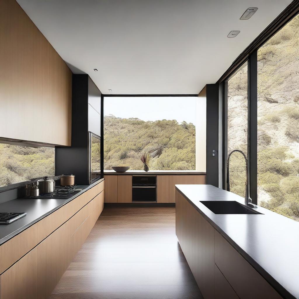 The kitchen and refrigerator are modern, featuring stainless steel finishes and wood in brown or black colors