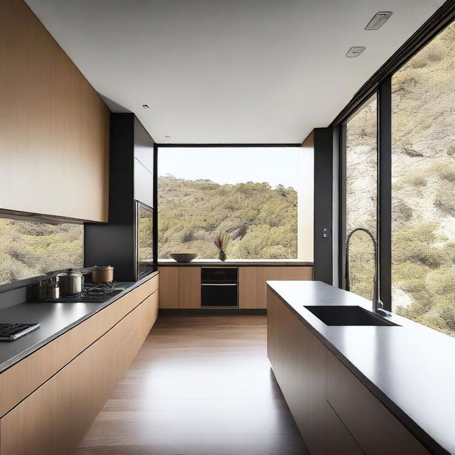 The kitchen and refrigerator are modern, featuring stainless steel finishes and wood in brown or black colors