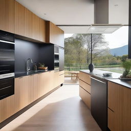 The kitchen and refrigerator are modern, featuring stainless steel finishes and wood in brown or black colors