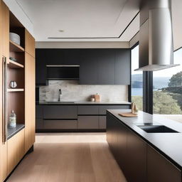 The kitchen and refrigerator are modern, featuring stainless steel finishes and wood in brown or black colors