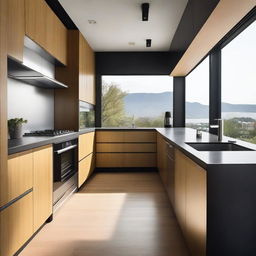 The kitchen and refrigerator are modern, featuring stainless steel finishes and wood in brown or black colors