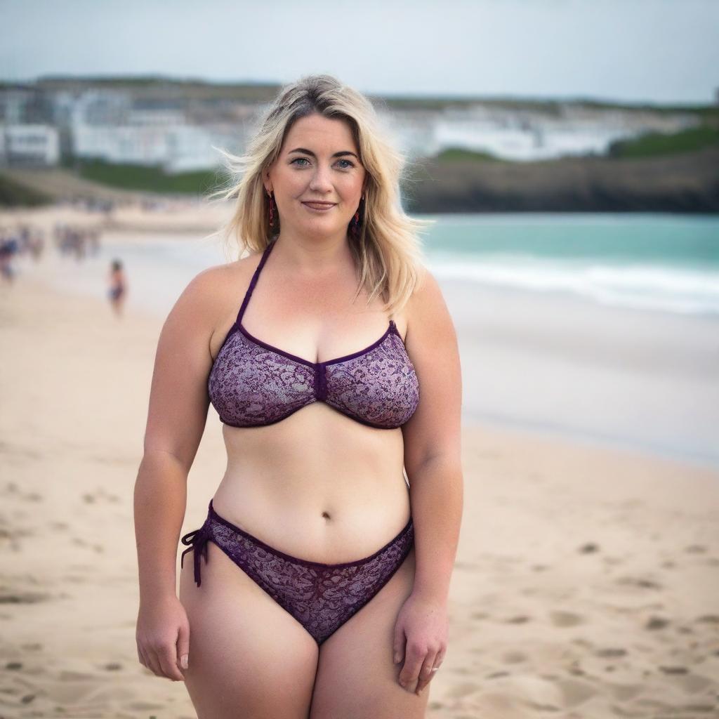 A curvy and voluptuous blonde woman with her hair tied back is posing on St Ives beach with the town behind her