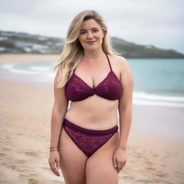 A curvy and voluptuous blonde woman with her hair tied back is posing on St Ives beach with the town behind her