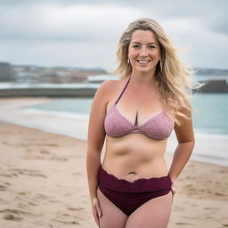 A curvy and voluptuous blonde woman with her hair tied back is posing on St Ives beach with the town behind her