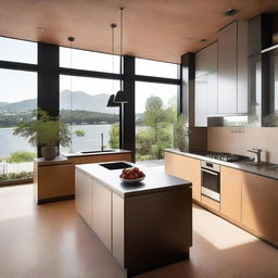 The kitchen and refrigerator are modern, featuring stainless steel finishes and wood in brown or black colors