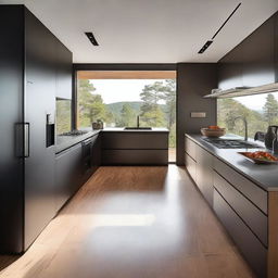 The kitchen and refrigerator are modern, featuring stainless steel finishes and wood in brown or black colors