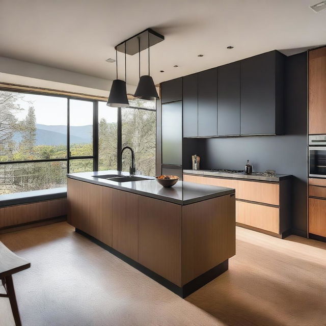 The kitchen and refrigerator are modern, featuring stainless steel finishes and wood in brown or black colors