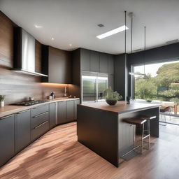 The kitchen and refrigerator are modern, featuring stainless steel finishes and wood in brown or black colors