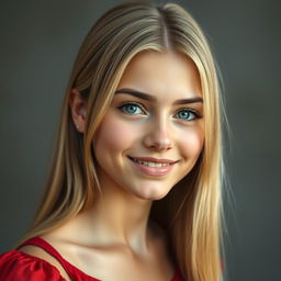 A realistic portrait of an 18-year-old Italian girl with blonde, straight hair and wearing a red dress