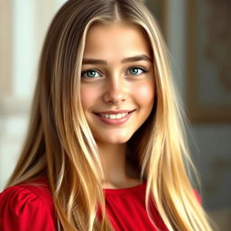 A realistic portrait of an 18-year-old Italian girl with blonde, straight hair and wearing a red dress