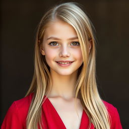 A realistic portrait of an 18-year-old Italian girl with blonde, straight hair and wearing a red dress