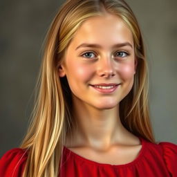 A realistic portrait of an 18-year-old Italian girl with blonde, straight hair and wearing a red dress