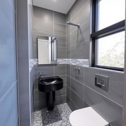 A square shower room with a window, toilet, and black sink