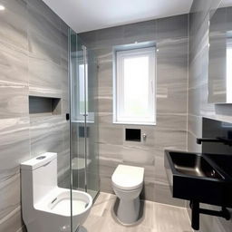 A square shower room with a window, toilet, and black sink