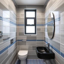 A square shower room with a window, toilet, and black sink