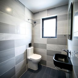 A square shower room with a window, toilet, and black sink