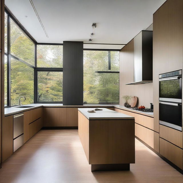 The kitchen and refrigerator are modern, featuring stainless steel finishes and wood in brown or black colors