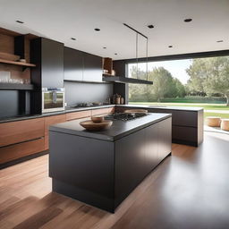 The kitchen and refrigerator are modern, featuring stainless steel finishes and wood in brown or black colors